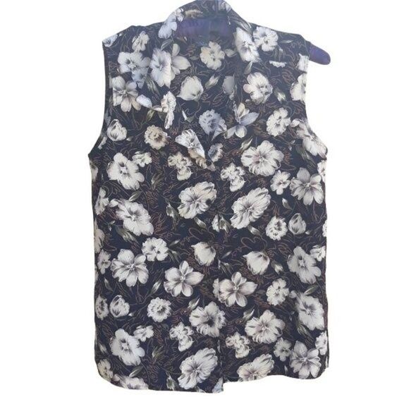 Vintage Tops - Vtg 90's Notations Top Preppy Sleeveless‎ Button Down Black Cream Floral Sz S
